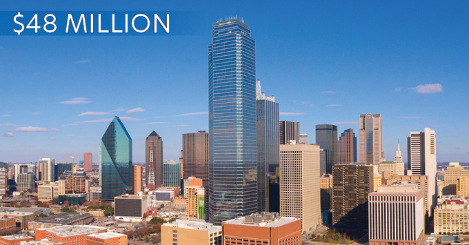 Dallas Skyline with "$44 Million" written in the top-left corner