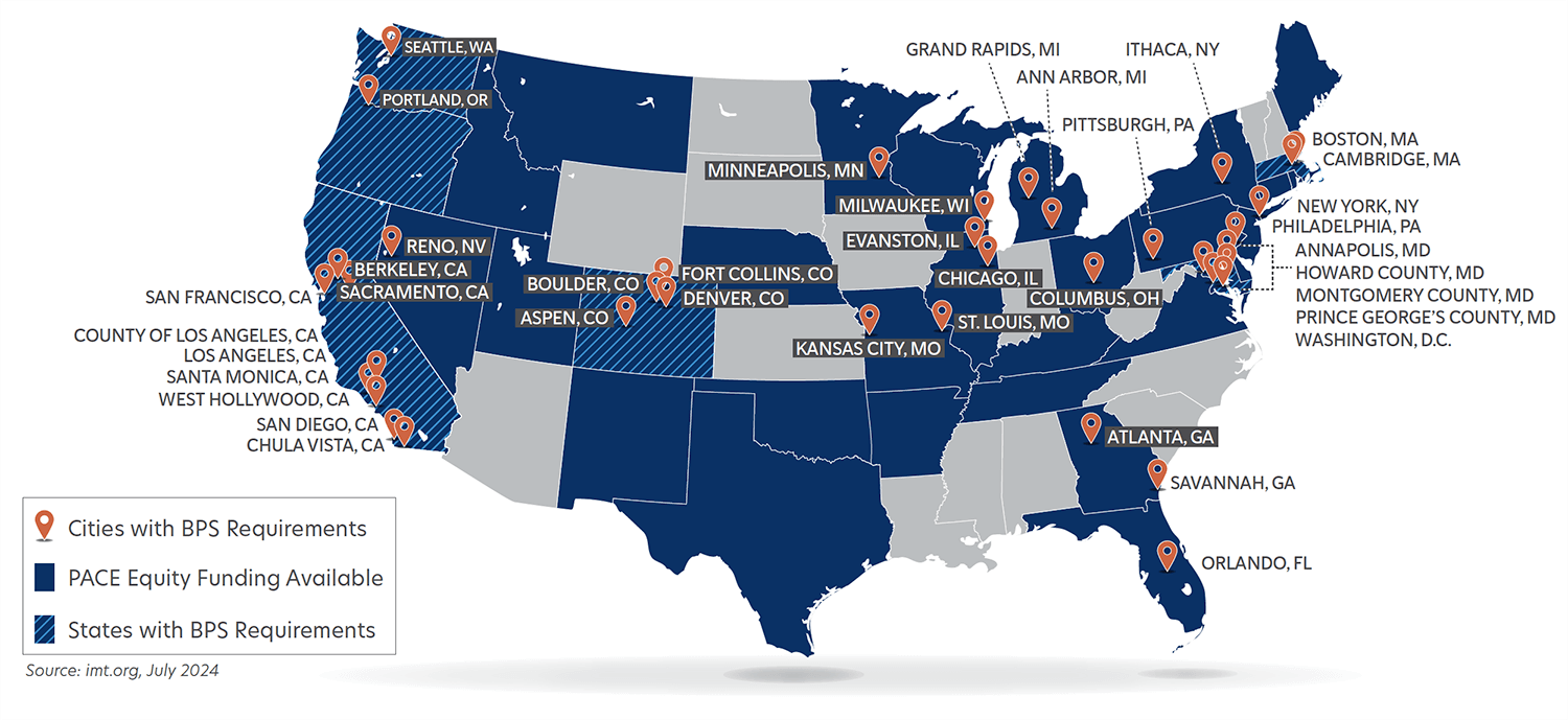 US Map showing National Building Performance Standards Coalition’s participating municipalities