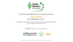 Award certification listing: "PACE Equity at the Advancing Designation Green Masters"