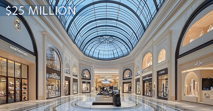 Interior of high-end mall with caption: "$25 Million"